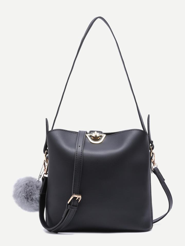 Romwe Black Pu Pom Pom Shoulder Bag With Convertible Strap