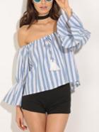 Romwe Blue Vertical Striped Tie Front Off The Shoulder Top