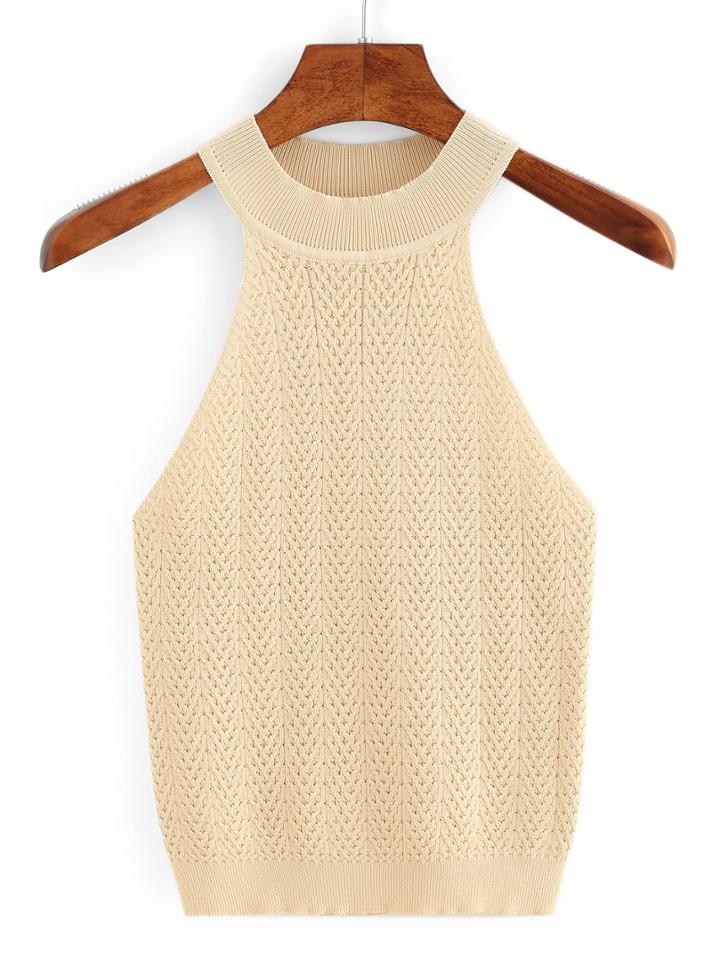Romwe Halter Neck Knitted Sweater - Apricot
