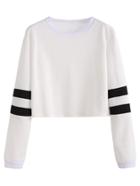 Romwe White Varsity Striped Sleeve Crop T-shirt