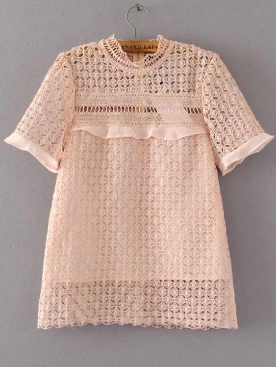 Romwe Light Pink Crochet Design Hollow Out Top
