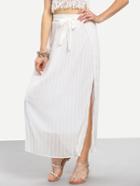 Romwe Elastic Waist Vertical Striped Split Skirt With Belt
