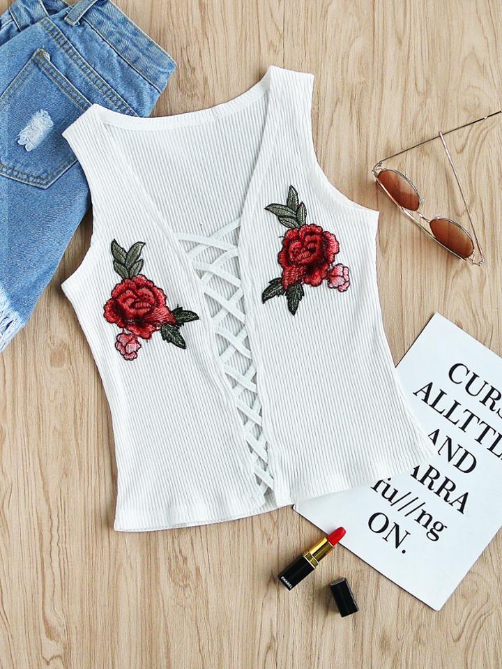Romwe Rose Embroidered Patch Lace Up Ribbed Top