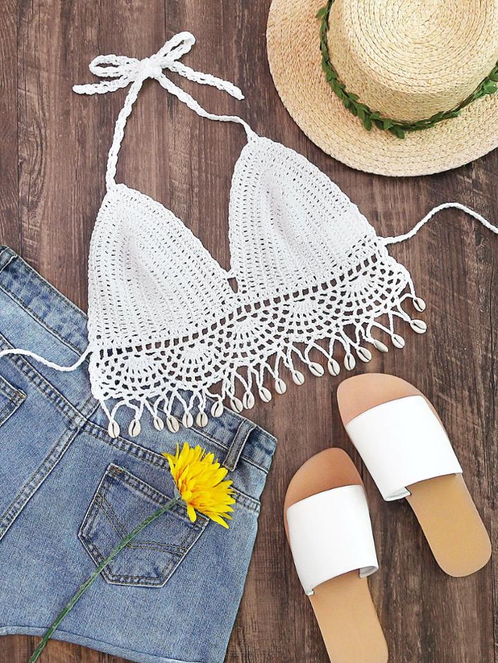 Romwe Shell Fringe Trim Self Tie Crochet Bralette
