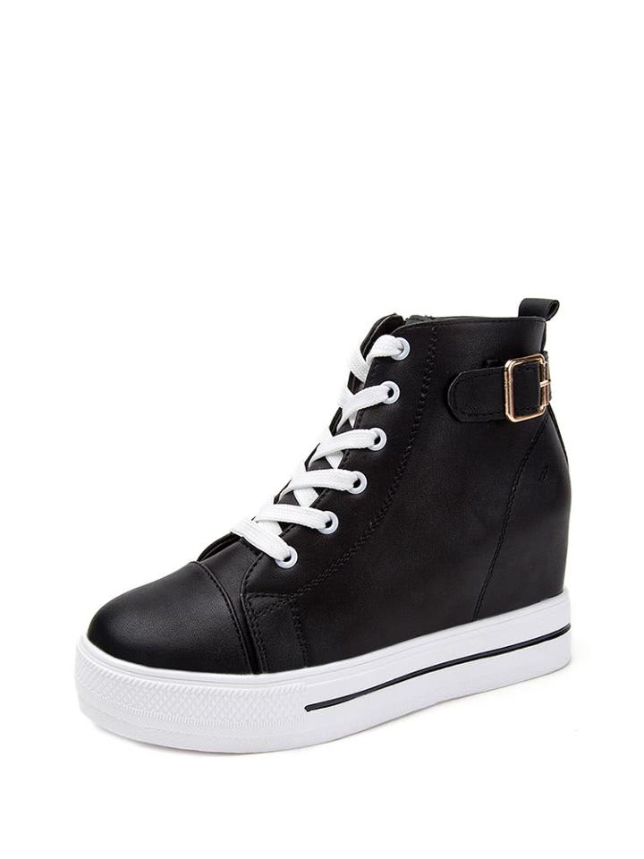 Romwe Lace Up Zipper Pu Wedge Trainers