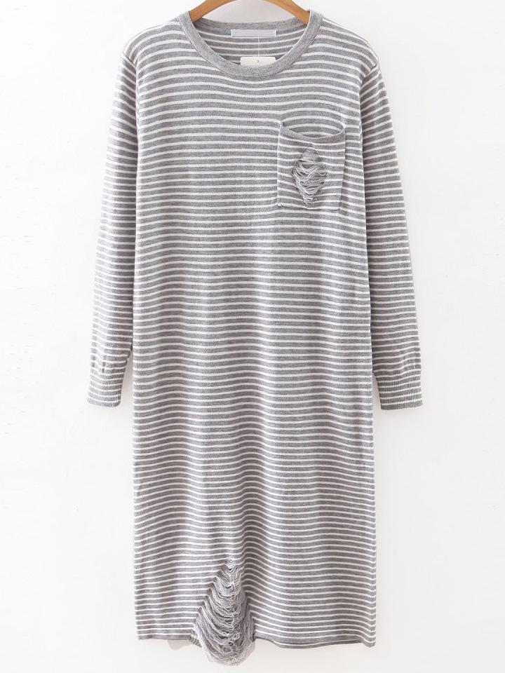 Romwe Grey Striped Ripped Detail Knit Dress With Pocket