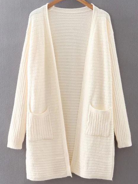 Romwe Beige Collarless Ribbed Split Side Pocket Long Cardigan