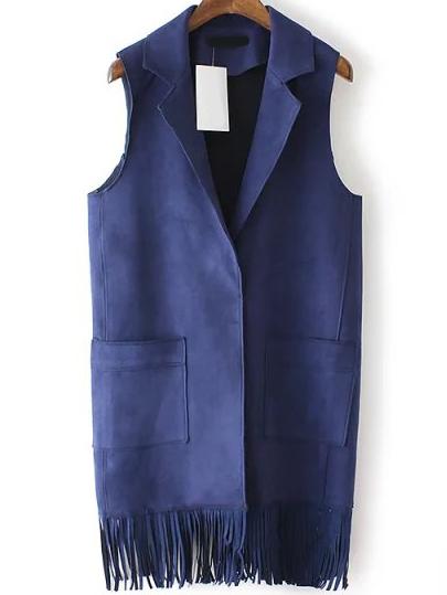 Romwe Lapel Pockets Tassel Suede Navy Vest