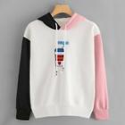 Romwe Graphic Embroidered Contrast Sleeve Hoodie