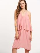 Romwe Pink Knee Length Ruffle Spaghetti Strap Dress