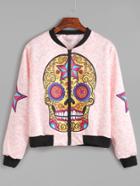 Romwe Pink Skull Print Contrast Zip Bomber Jacket