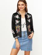 Romwe Contrast Striped Trim Embroidered Patches Velvet Jacket