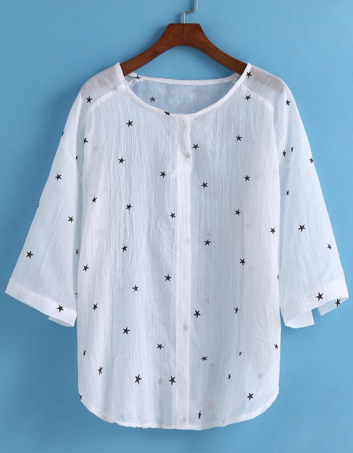 Romwe With Buttons Star Print Top