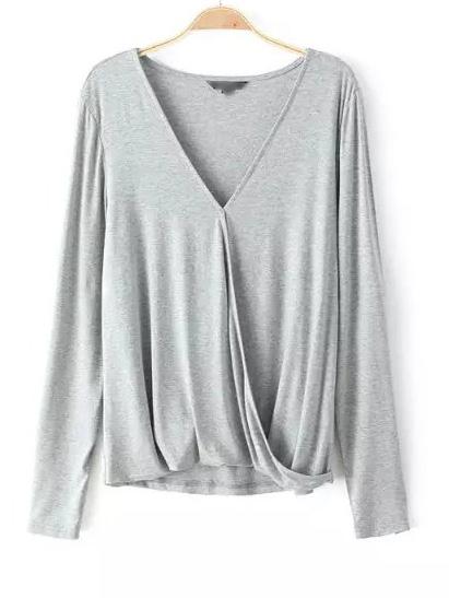 Romwe Grey Long Sleeve V Neck Blouse