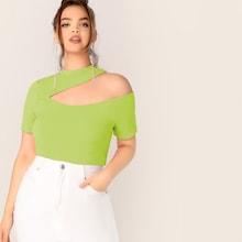 Romwe Plus Neon Lime Cutout Shoulder Slim Fitted Top