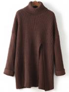 Romwe Turtleneck Split Loose Coffee Sweater Dress