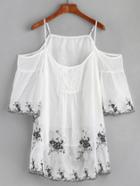 Romwe White Cold Shoulder Embroidered Top
