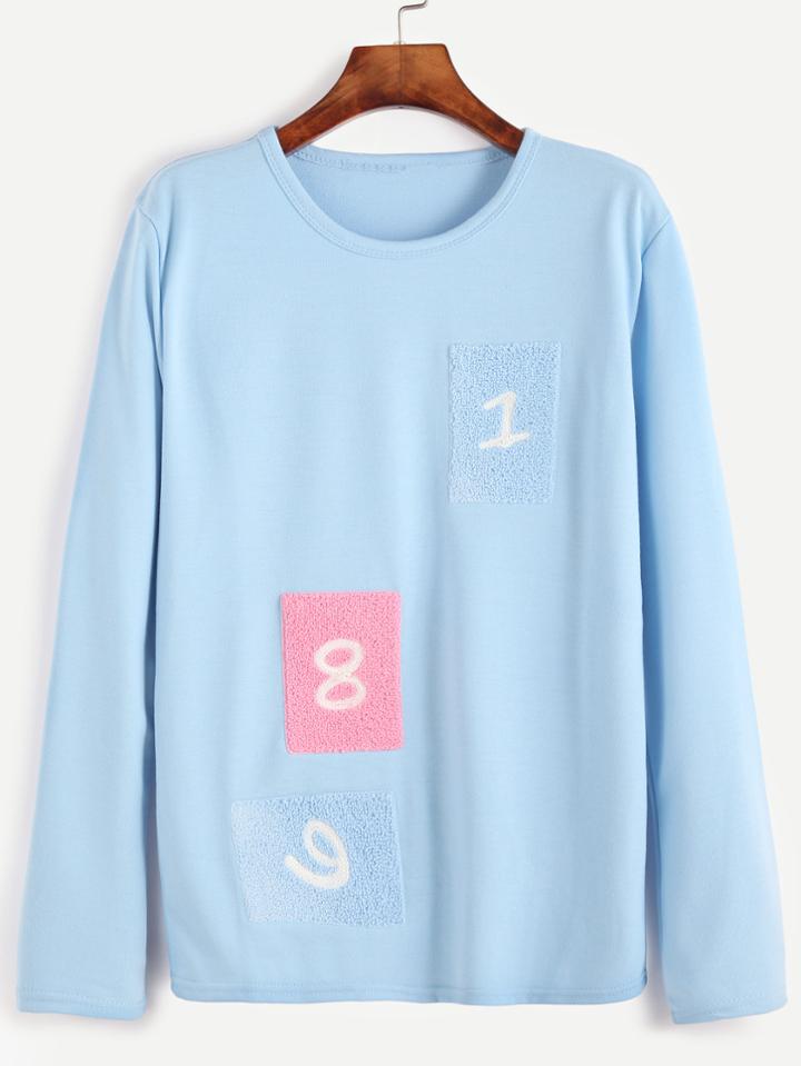 Romwe Pale Blue Number Patches T-shirt