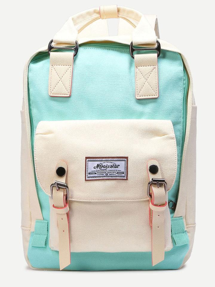Romwe White Color Block Double Handle Square Canvas Backpack