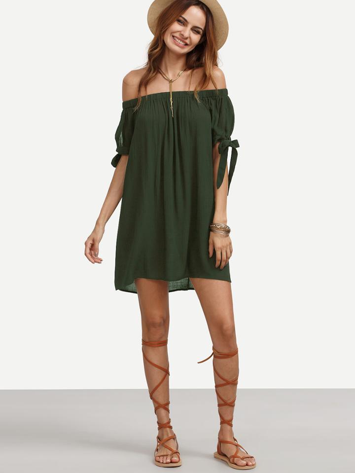 Romwe Split Self Tie Sleeve Crinkle Off Shoulder Dress