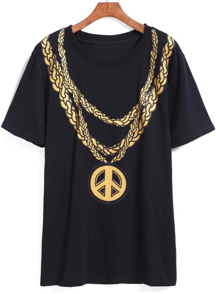 Romwe Necklace Print Loose T-shirt
