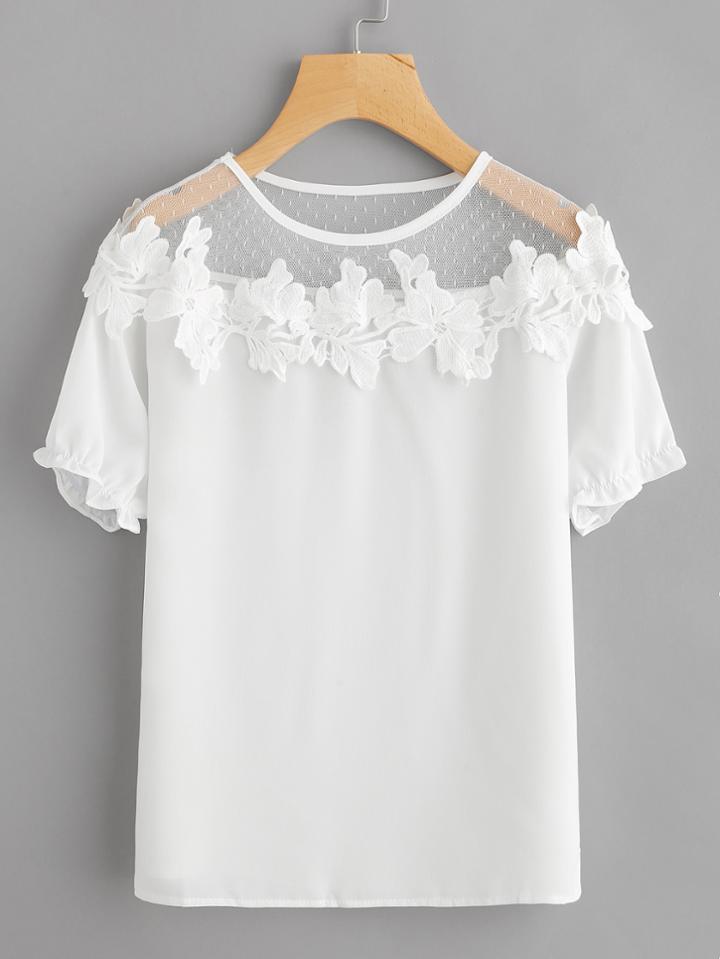 Romwe Flower Lace Trim Paneled Top