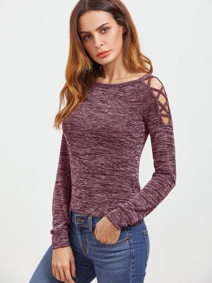 Romwe Open Shoulder Marled Crisscross T-shirt