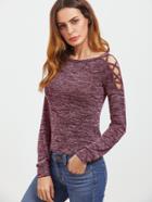 Romwe Open Shoulder Marled Crisscross T-shirt