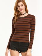 Romwe Brown Striped Tight T-shirt