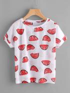 Romwe Allover Watermelon Print Roll Cuff Paper Thin T-shirt