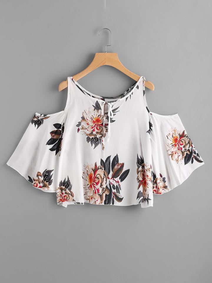 Romwe Open Shoulder Floral Print Random Tie Neck Top