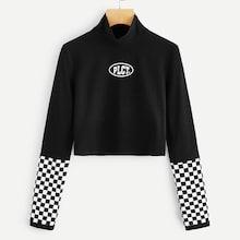 Romwe Contrast Checkered Letter Print Tee