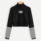 Romwe Contrast Checkered Letter Print Tee