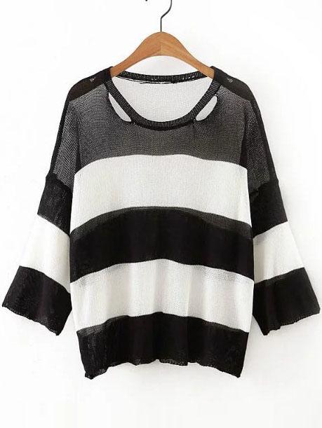 Romwe Black Striped Cutout Three Quarter Sleeve Sweater