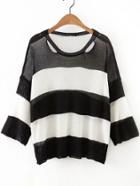 Romwe Black Striped Cutout Three Quarter Sleeve Sweater