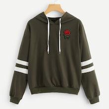 Romwe Rose Embroidered Varsity Sleeve Hoodie