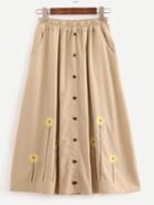 Romwe Beige Flower Embroidered Buttoned Front A Line Skirt