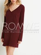 Romwe Wine Red Long Sleeve V Neck Dress