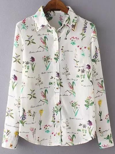 Romwe Lapel Florals Slim Blouse