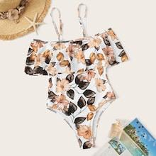 Romwe Flower Print Flounce One Piece Swimsuit