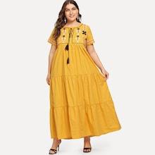 Romwe Plus Embroidered Fringe Tie Neck Dress