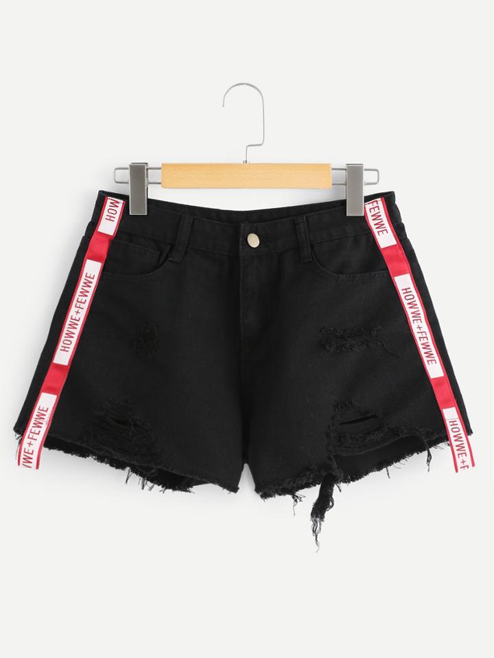 Romwe Letter Print Raw Hem Ripped Denim Shorts