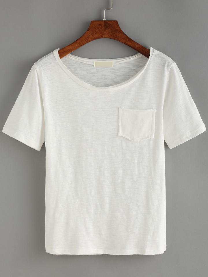 Romwe Frayed Neck Pocket T-shirt