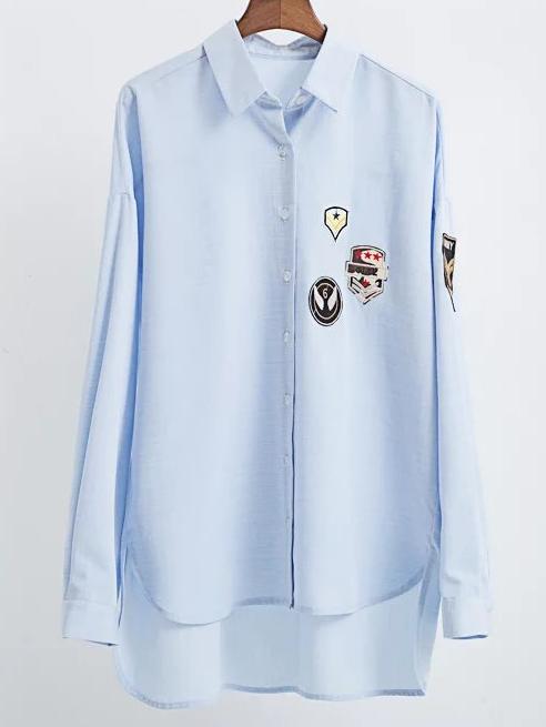 Romwe Blue Embroidered Patch Dip Hem Blouse