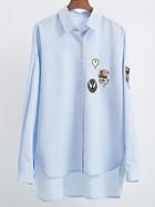 Romwe Blue Embroidered Patch Dip Hem Blouse