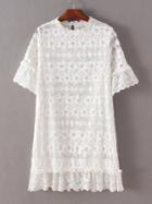 Romwe White Ruffle Hem Crochet Key-hole Lace Dress