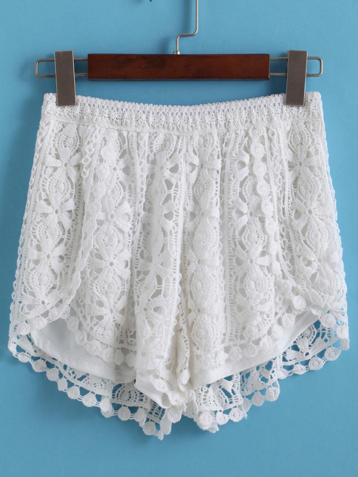 Romwe Elastic Waist Lace Crochet Split Shorts