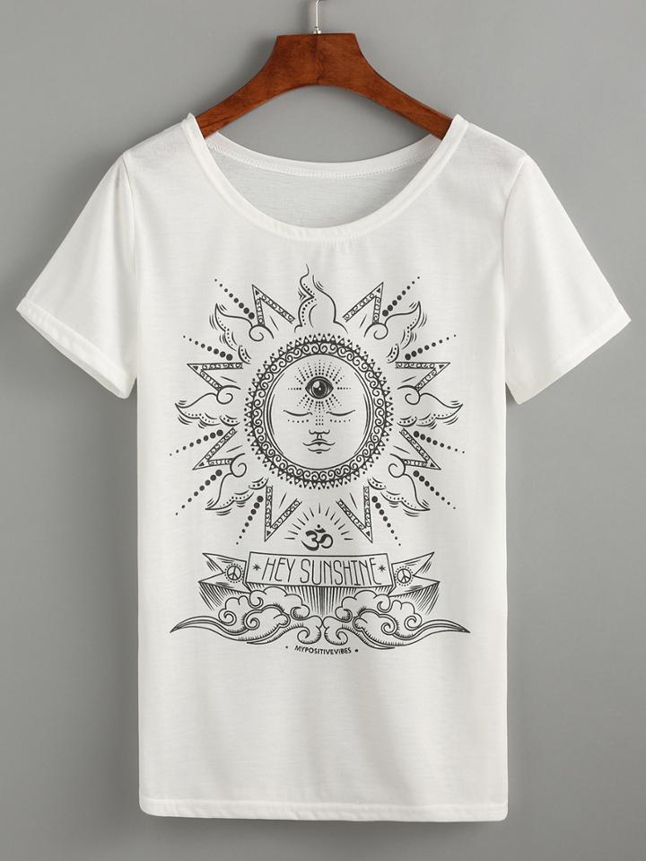 Romwe White Sun Print T-shirt