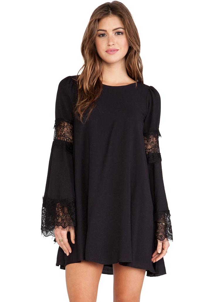 Romwe Black Lace Long Sleeve Loose Dress