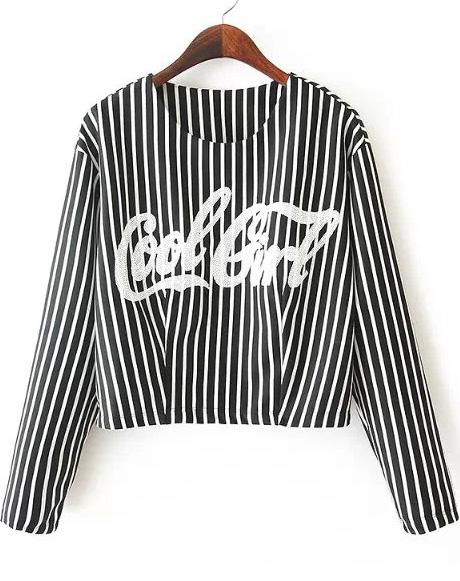 Romwe Black Vertical Stripe Letters Print Crop T-shirt